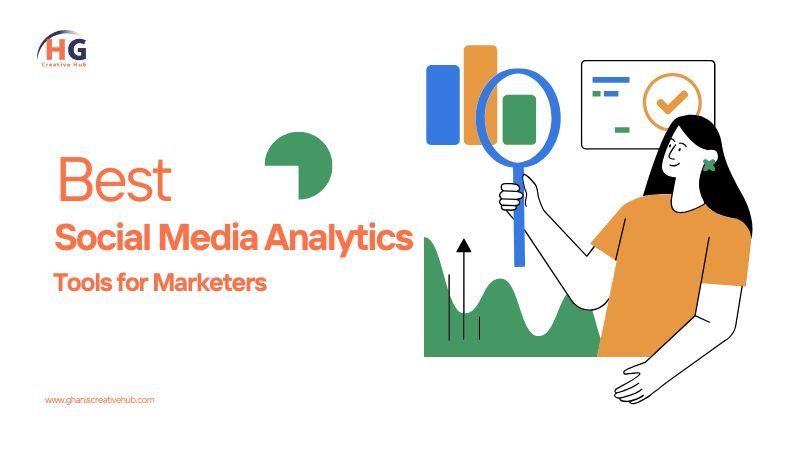 Illustration of a marketer analyzing social media data, featuring graphs, a magnifying glass, and icons. The text reads 'Best Social Media Analytics Tools for Marketers' with the HG Creative Hub logo in the top left corner.