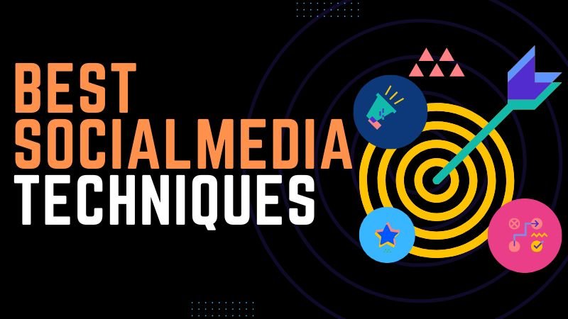 Best Social Media Techniques" written in bold orange and white text on a black background with a target symbol and an arrow hitting the center. Surrounding the target are three circular icons representing social media engagement, including a megaphone, a star, and creative design elements.