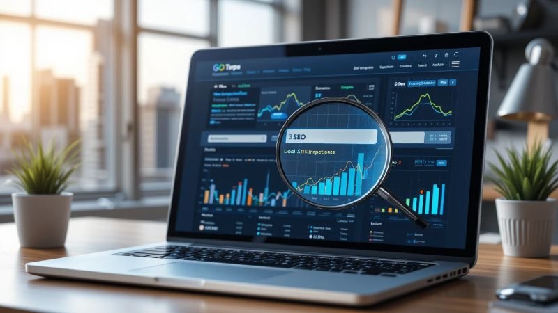 A laptop screen displaying an SEO analytics dashboard with graphs and charts. A magnifying glass highlights the search bar with the word "SEO" inside it, symbolizing website optimization.