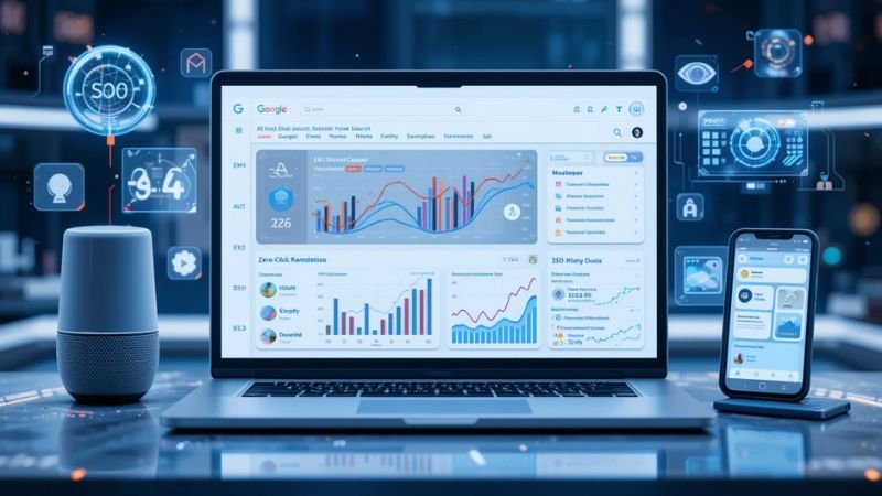 A laptop and smartphone displaying SEO analytics dashboards sit on a futuristic desk, surrounded by floating digital icons representing SEO, data analysis, security, and artificial intelligence.