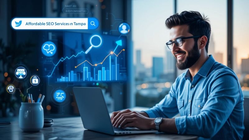 A smiling man wearing glasses and a blue shirt is working on a laptop in a modern office with a cityscape view. Floating digital graphics show SEO-related icons, including charts, a magnifying glass, and a search bar with the text "Affordable SEO Services in Tampa.