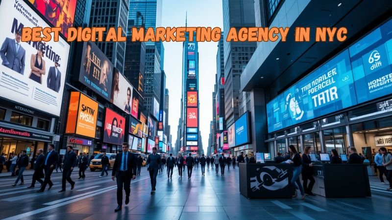 A busy street in New York City's Times Square filled with people walking among bright digital billboards and advertisements. Overlaid text in bold orange reads "BEST DIGITAL MARKETING AGENCY IN NYC.