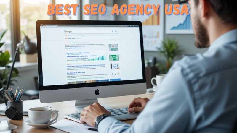 A man in a professional office setting is working on an iMac computer, viewing Google search results related to SEO. The screen displays search rankings and analytics. The text "BEST SEO AGENCY USA" is overlaid in bold, orange letters at the top of the image.