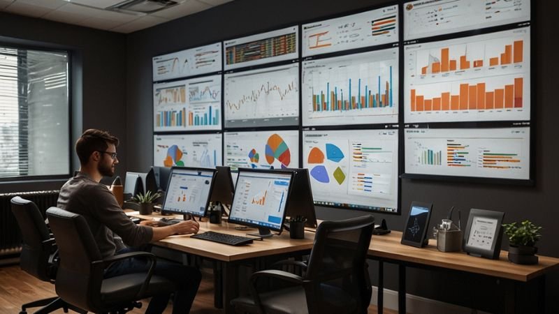 A digital marketing analyst working in a modern office, monitoring multiple screens displaying data analytics, charts, and performance metrics.