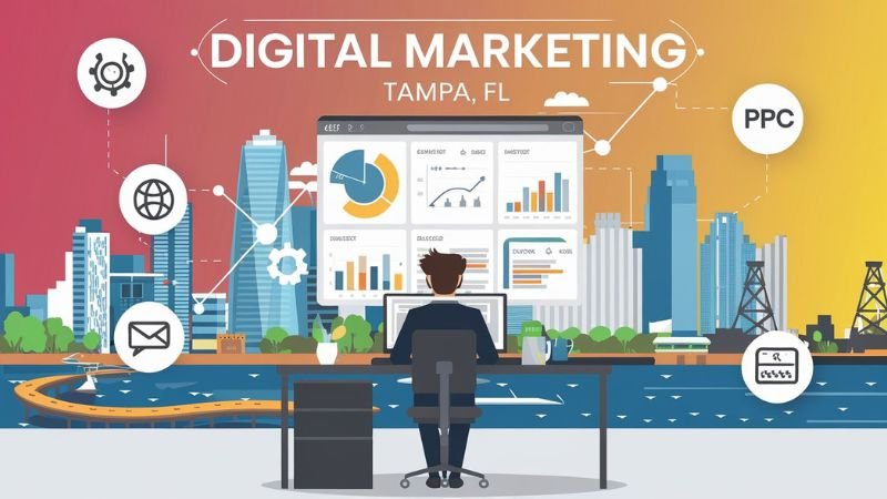 Illustration of a digital marketer working on a computer at a desk with a cityscape of Tampa, FL in the background. The screen displays various analytics and charts related to digital marketing. Surrounding icons represent different marketing strategies, including PPC, email marketing, and SEO.