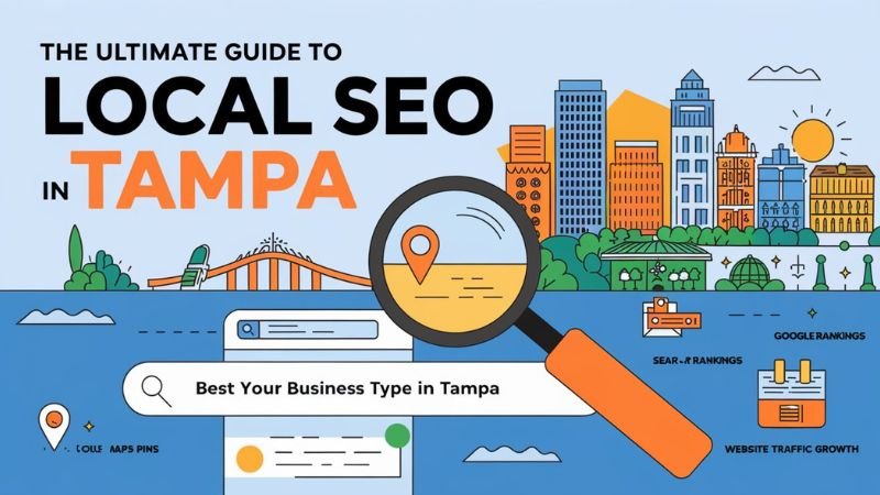 Illustrated digital graphic titled "The Ultimate Guide to Local SEO in Tampa," featuring a cityscape of Tampa with buildings, bridges, and water. A magnifying glass highlights a location pin on a search bar, symbolizing SEO and local search rankings. Additional elements include icons representing Google rankings, website traffic growth, and map pins.