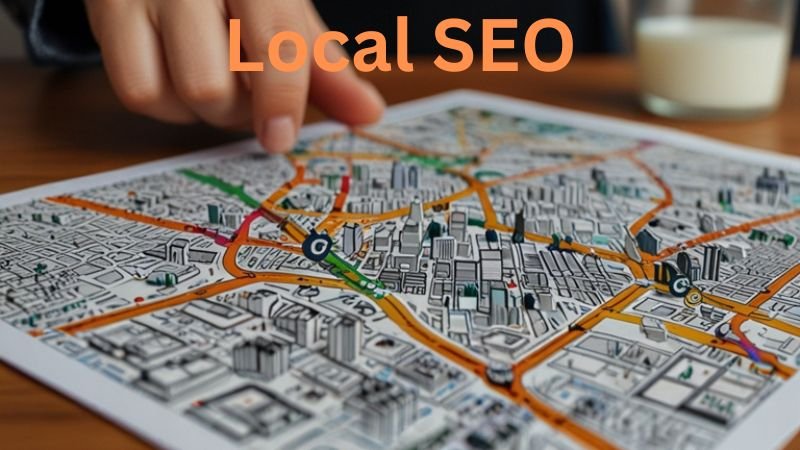 A close-up of a hand pointing at a detailed city map with roads and markers, symbolizing location-based search optimization. The words "Local SEO" are prominently displayed in orange text at the top.