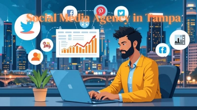 A bearded man in a yellow blazer is working on a laptop in a modern office with a city skyline in the background. Various social media icons, including Facebook, Twitter, and Pinterest, float around him. A digital graph with rising statistics is displayed, indicating social media growth. The text "Social Media Agency in Tampa" is prominently displayed.