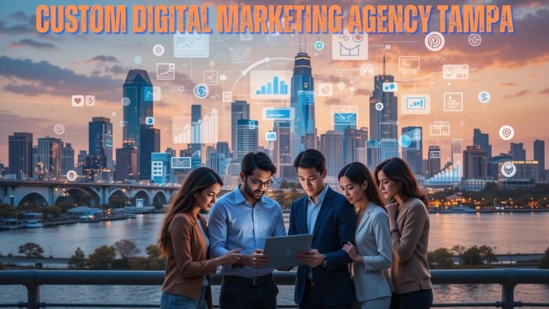 A group of five young professionals standing on a balcony overlooking a city skyline at sunset, discussing digital marketing strategies on a tablet. Floating digital icons representing marketing concepts such as analytics, email, and SEO are integrated into the background. The text "CUSTOM DIGITAL MARKETING AGENCY TAMPA" is prominently displayed at the top in bold orange and blue fonts.