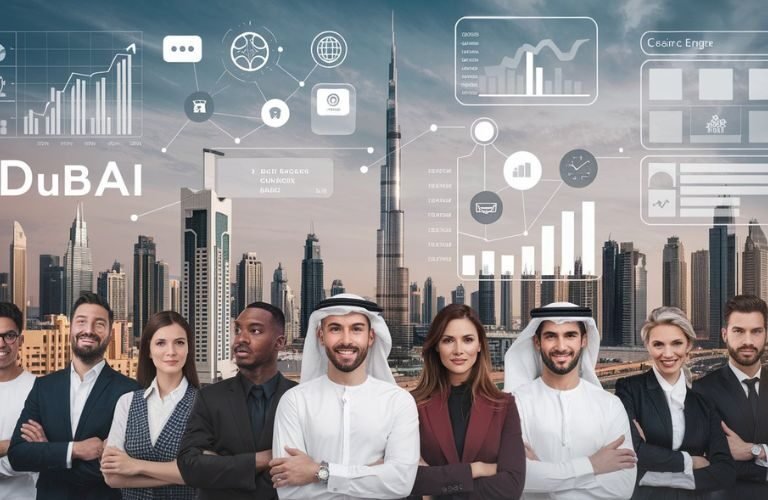 A diverse group of confident business professionals, including men and women in both Western and traditional Middle Eastern attire, standing in front of the Dubai skyline with Burj Khalifa in the background. Digital graphics overlay the image, showing data charts, graphs, and icons representing technology and business.
