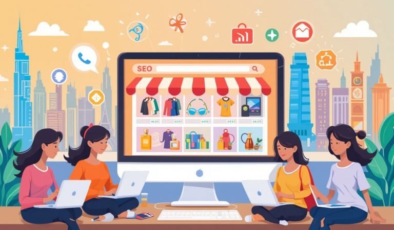 Illustration of four women using laptops in front of a large computer screen displaying an online store, with Dubai skyline in the background and floating SEO and shopping icons.