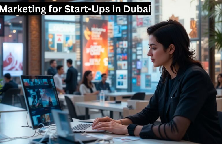 Young businesswoman working on a laptop in a modern co-working space, with 'Marketing for Start-Ups in Dubai' text overlay.
