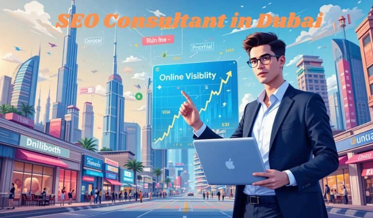 A professional SEO consultant standing in a modern Dubai street with skyscrapers, holding a laptop and pointing at a rising graph labeled "Online Visibility," symbolizing increasing SEO performance. The text "SEO Consultant in Dubai" is displayed at the top.