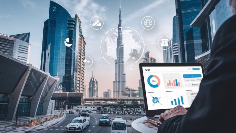 Person analyzing SEO data on a laptop with a view of Dubai’s skyline, including the Burj Khalifa, with digital marketing icons floating above.