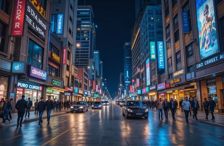 A busy city street at night with bright neon signs, tall modern buildings, cars driving, and people walking on both sidewalks.