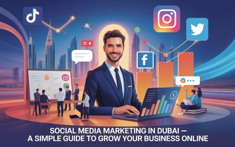 A professionally dressed man stands confidently in front of a laptop showing bar and line graphs, symbolizing business growth. Behind him are social media icons like Instagram, Facebook, Twitter, and TikTok. The Dubai skyline is in the background, with teams analyzing data and charts. The image title reads: "Social Media Marketing in Dubai — A Simple Guide to Grow Your Business Online."