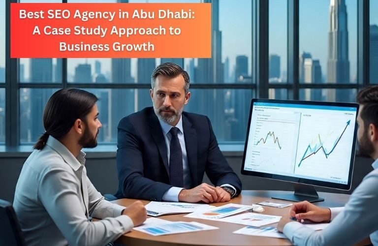 Business professionals discussing SEO strategies with charts and growth graphs, representing a case study approach to business growth in Abu Dhabi.