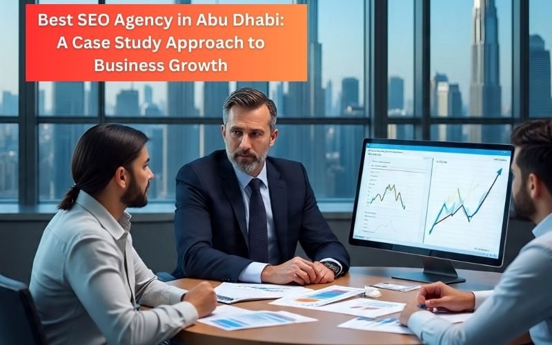 Business professionals discussing SEO strategies with charts and growth graphs, representing a case study approach to business growth in Abu Dhabi.