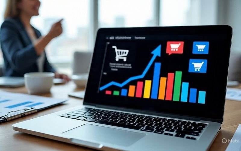 Laptop screen showing colorful sales growth charts and shopping cart icons, representing e-commerce success through SEO strategies.