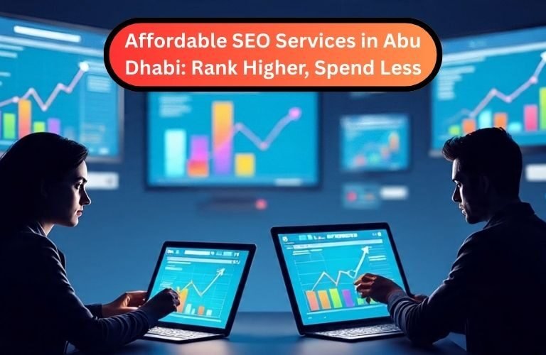 Professionals analyzing digital graphs and charts on multiple screens, symbolizing affordable SEO services in Abu Dhabi that improve rankings and save costs.