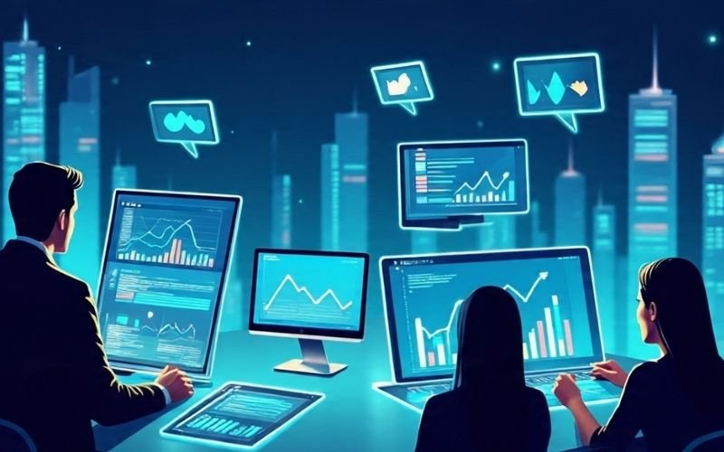 Business professionals analyzing multiple digital screens with graphs, charts, and analytics data, representing SEO and digital marketing performance tracking.