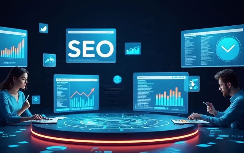 Two professionals analyzing SEO dashboards with charts and digital metrics, representing data-driven search engine optimization strategies.