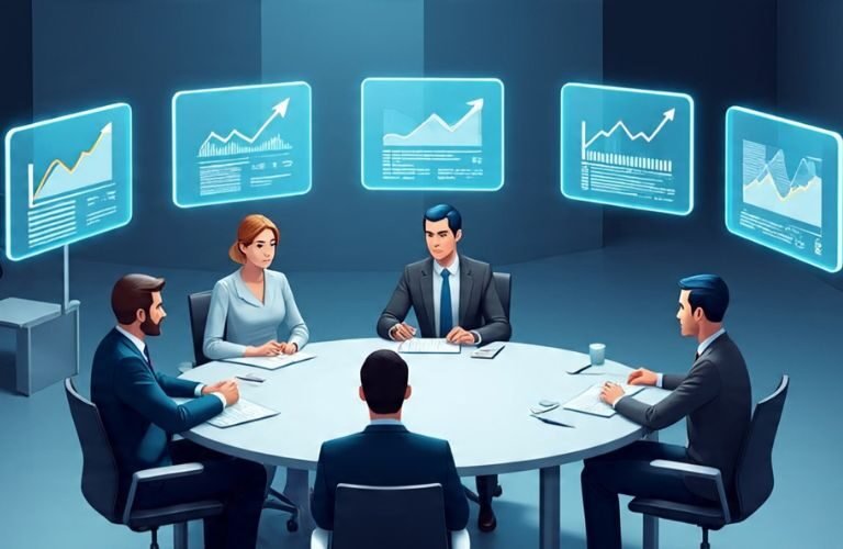 Business professionals in a meeting around a round table with digital graphs and charts projected on screens.