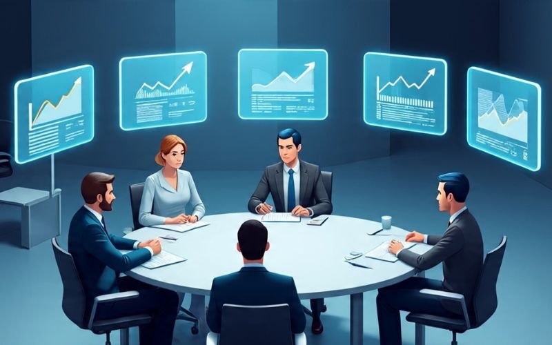 Business professionals in a meeting around a round table with digital graphs and charts projected on screens.
