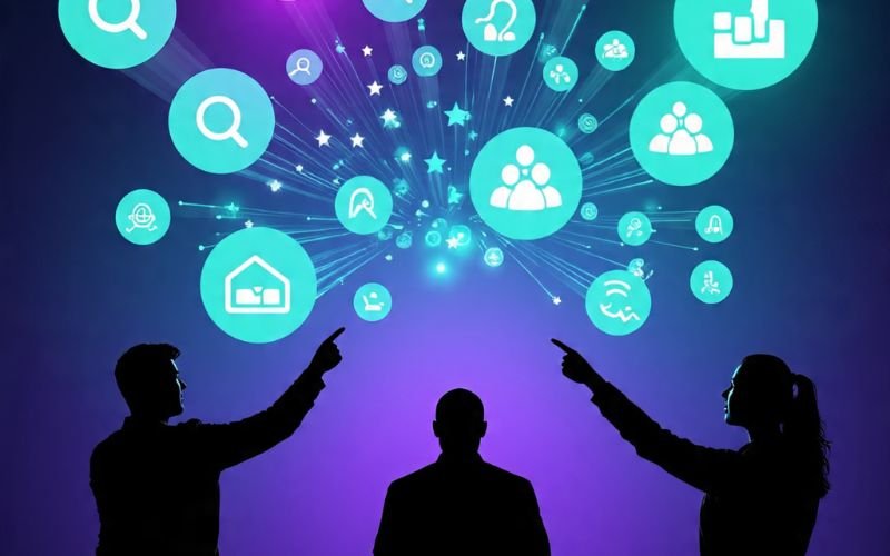 Silhouettes of three people interacting with floating digital icons representing search, communication, networking, and data.