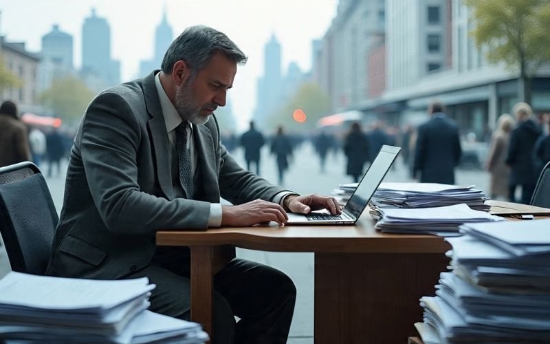 Business professional overwhelmed with paperwork, representing the struggles and challenges companies face without effective SEO strategies.