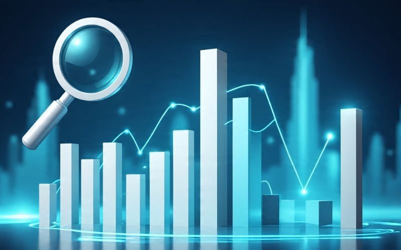 3D bar chart with magnifying glass and digital line graph, symbolizing SEO growth, analytics, and improved online visibility.