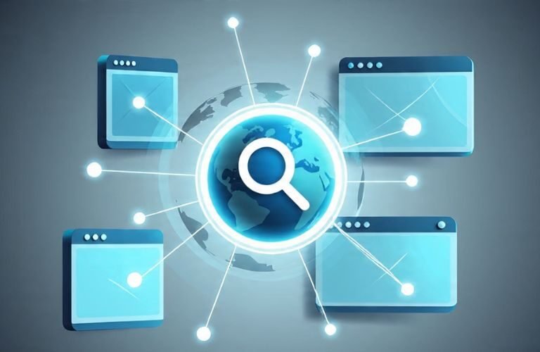 Digital globe with a magnifying glass icon connected to multiple browser windows, symbolizing global SEO, search visibility, and online connectivity.
