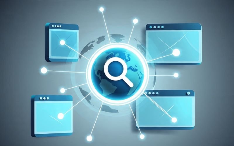 Digital globe with a magnifying glass icon connected to multiple browser windows, symbolizing global SEO, search visibility, and online connectivity.