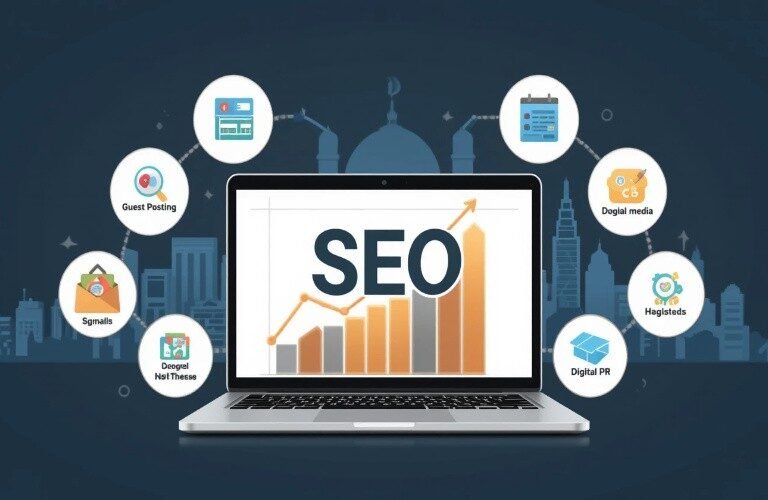 This image of off-page SEO services in Abu Dhabi showing laptop with SEO growth chart and icons for guest posting, social media, signals, and digital PR.
