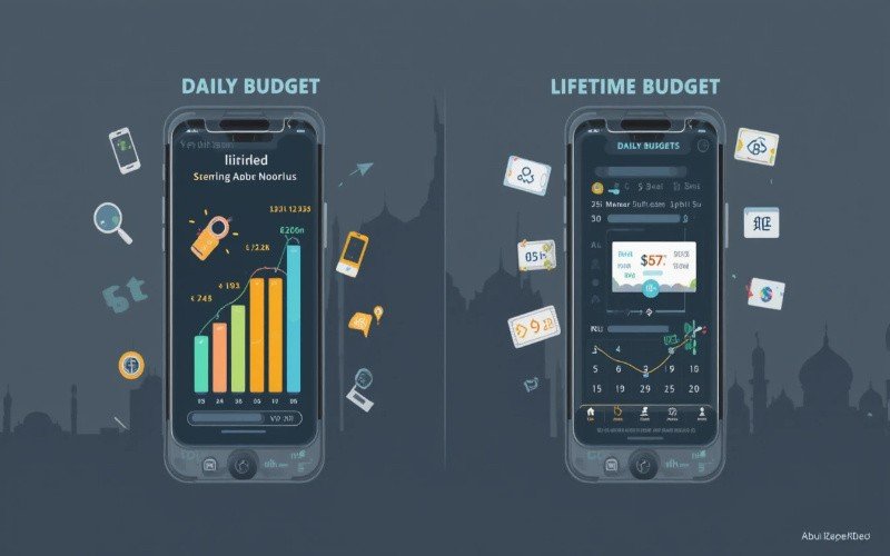 Illustration comparing daily budget and lifetime budget for Facebook marketing in Abu Dhabi shown on two smartphone screens with graphs, calendars, and icons.