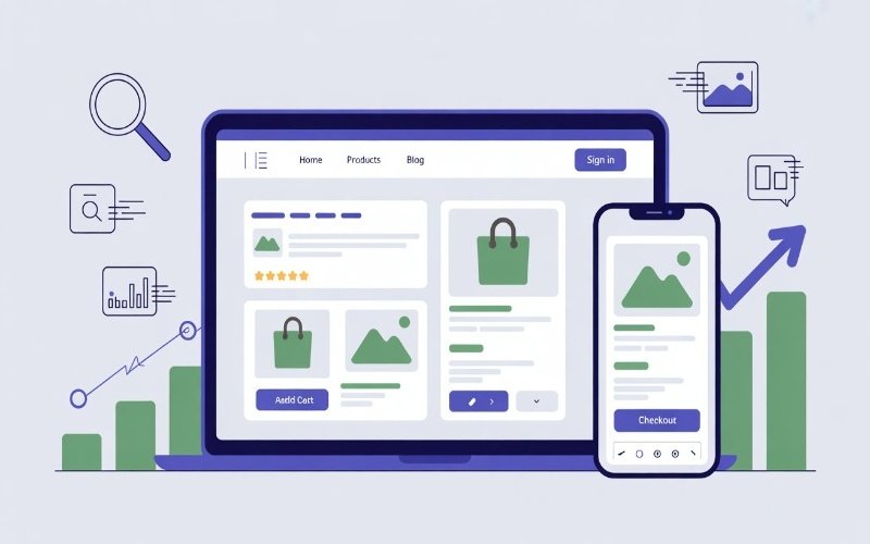 Laptop and smartphone screens showing an online store with product pages, checkout button, and SEO icons Ecommerce SEO packages in Abu Dhabi.