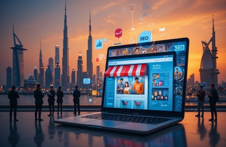 Ecommerce SEO in Abu Dhabi with a laptop storefront, digital marketing icons, and modern city skyline at sunset