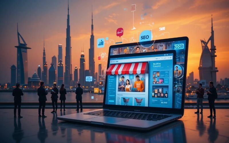Ecommerce SEO in Abu Dhabi with a laptop storefront, digital marketing icons, and modern city skyline at sunset