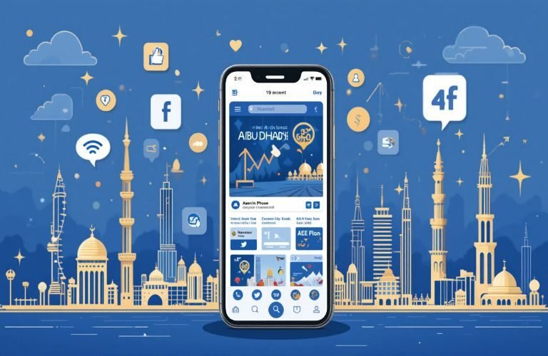 Illustration of a smartphone displaying a Facebook marketing in Abu Dhabi dashboard with Abu Dhabi skyline in the background, surrounded by social media icons.