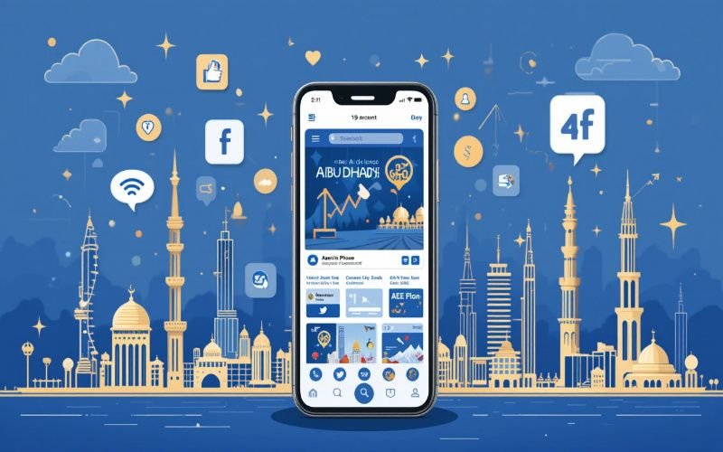 Illustration of a smartphone displaying a Facebook marketing in Abu Dhabi dashboard with Abu Dhabi skyline in the background, surrounded by social media icons.