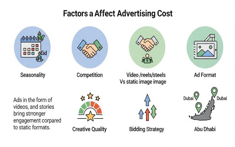 Infographic by an Instagram ads agency in Abu Dhabi showing six factors that affect advertising cost: seasonality during events like Eid, competition between industries, ad format such as video vs. static posts, creative quality performance, bidding strategy control, and geographic targeting in Dubai and Abu Dhabi