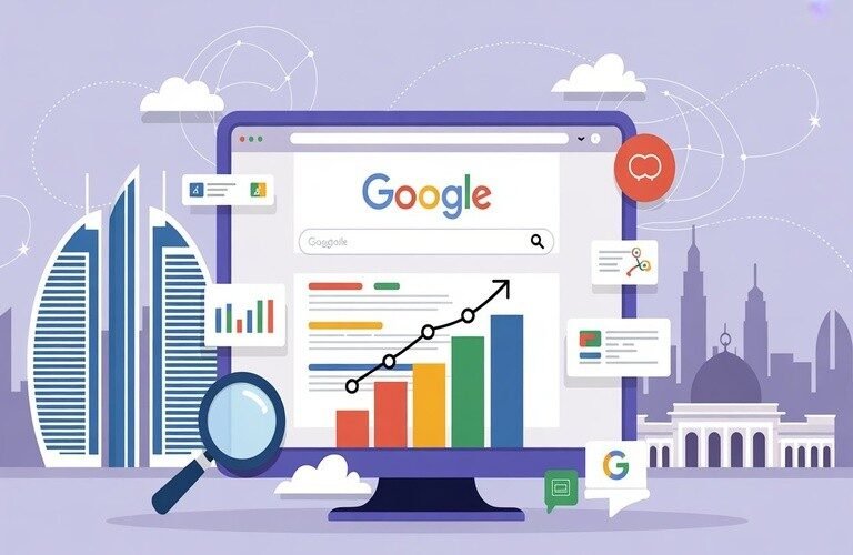 Computer screen showing Google search results with rising charts, magnifying glass, and Abu Dhabi skyline SEO packages in Abu Dhabi.
