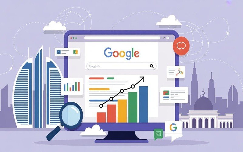 Computer screen showing Google search results with rising charts, magnifying glass, and Abu Dhabi skyline SEO packages in Abu Dhabi.
