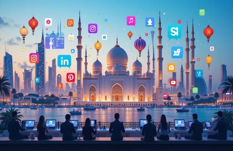 Social media marketing services in Abu Dhabi with icons of Facebook, Instagram, LinkedIn, Snapchat, TikTok, and YouTube floating above the Sheikh Zayed Grand Mosque, where digital marketers are working on laptops with analytics.