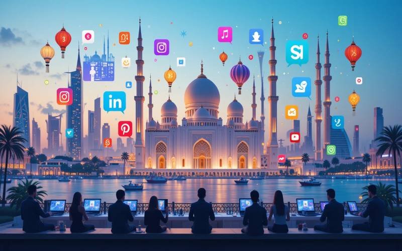 Social media marketing services in Abu Dhabi with icons of Facebook, Instagram, LinkedIn, Snapchat, TikTok, and YouTube floating above the Sheikh Zayed Grand Mosque, where digital marketers are working on laptops with analytics.