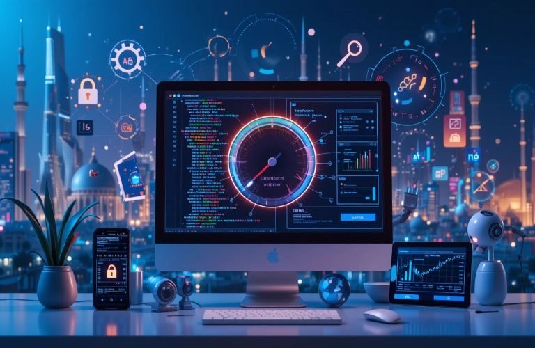 Technical SEO services in Abu Dhabi illustrated with robots, gears, and AI spiders optimizing a website for speed, crawlability, indexing, and mobile-friendliness, with Abu Dhabi skyline in the background.