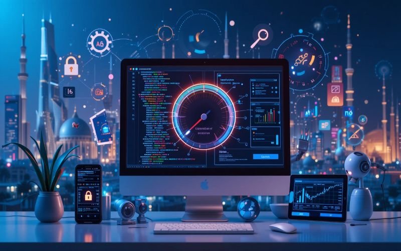 Technical SEO services in Abu Dhabi illustrated with robots, gears, and AI spiders optimizing a website for speed, crawlability, indexing, and mobile-friendliness, with Abu Dhabi skyline in the background.