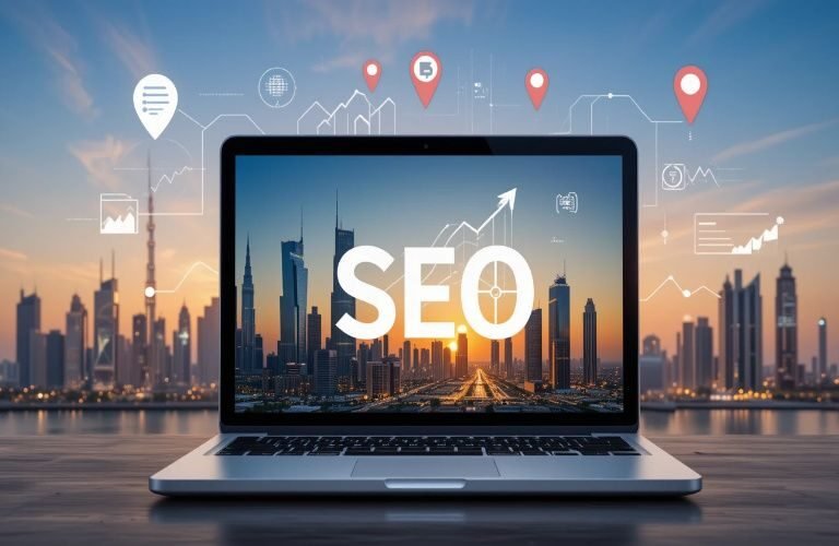 Laptop showing SEO text with Abu Dhabi skyline and digital growth icons.