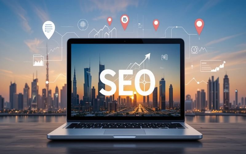 Laptop showing SEO text with Abu Dhabi skyline and digital growth icons.