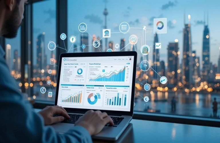 SEO consultant in Abu Dhabi analyzing website performance on laptop with digital marketing icons and city skyline in background.